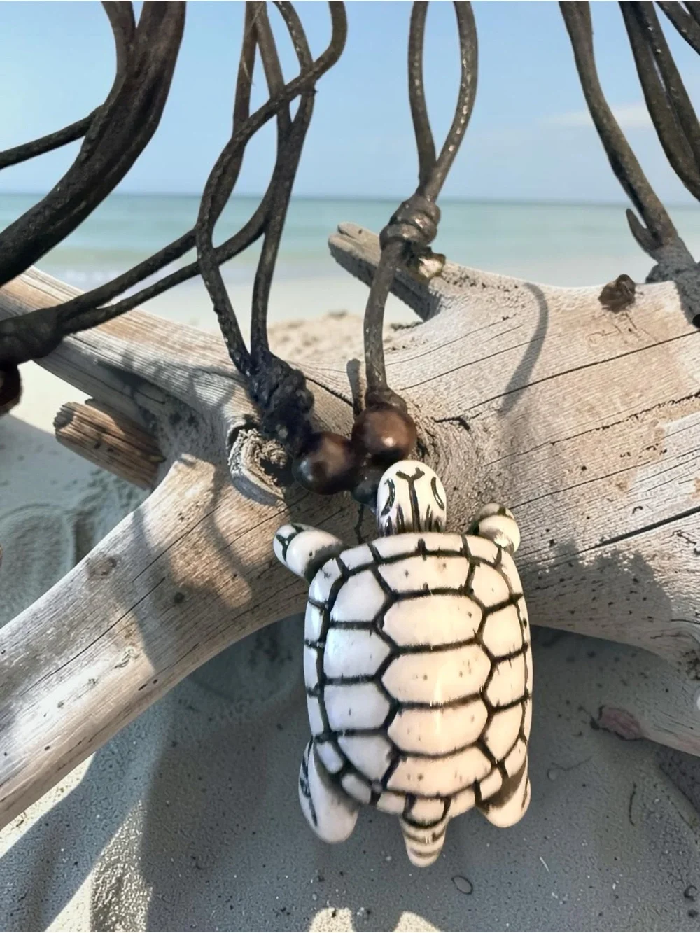 Handmade Turtle Pendant Necklace in Black Cord - Beach Boho Jewelry